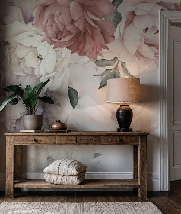 Big Floral Wallpaper: Soft Pink Watercolor Wall Mural, Peel and Stick