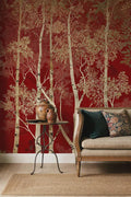 Red Forest Peel and Stick Wallpaper, Birch Tree Wall Mural, Removable Wallpaper