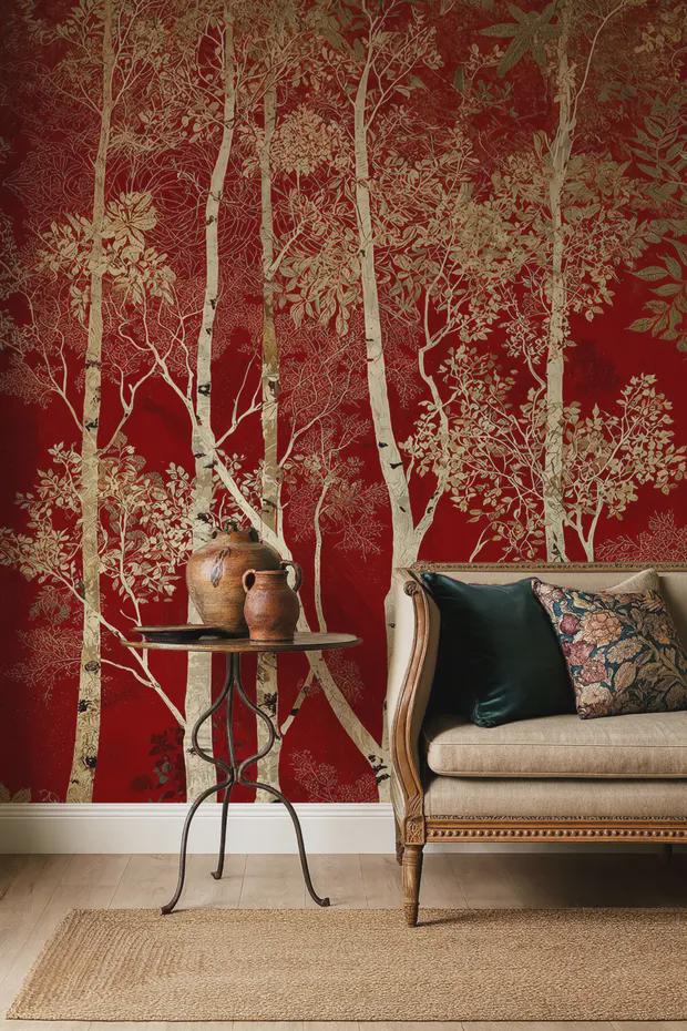 Red Forest Peel and Stick Wallpaper, Birch Tree Wall Mural, Removable Wallpaper