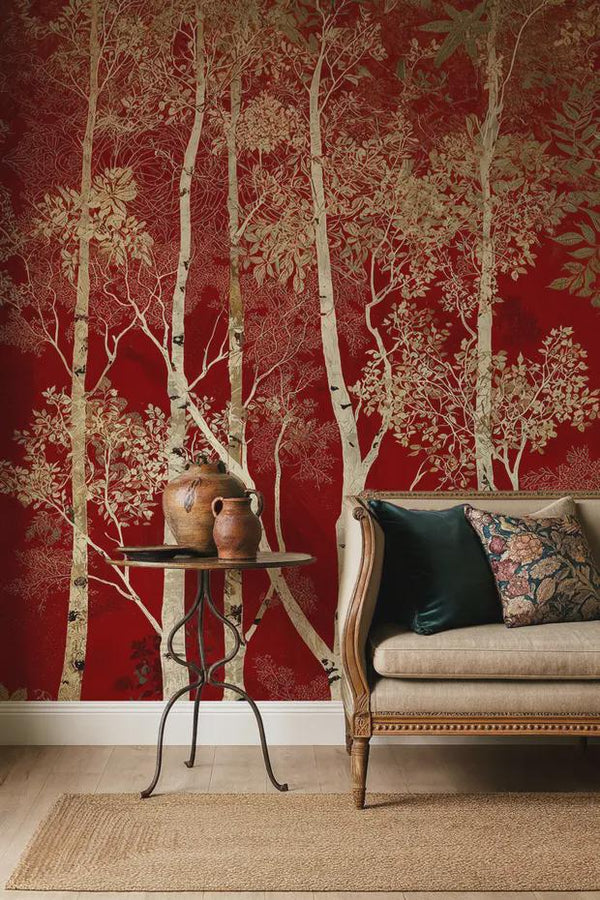 Red Forest Peel and Stick Wallpaper, Birch Tree Wall Mural, Removable Wallpaper