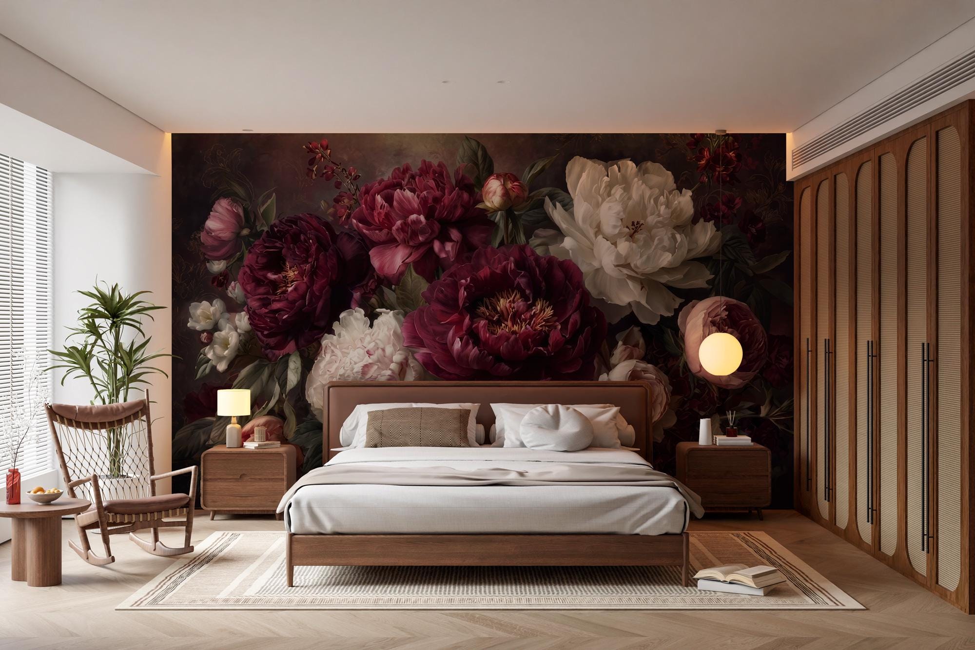 Dark Peony Floral Wallpaper: Peel and Stick Wall Mural - View 3