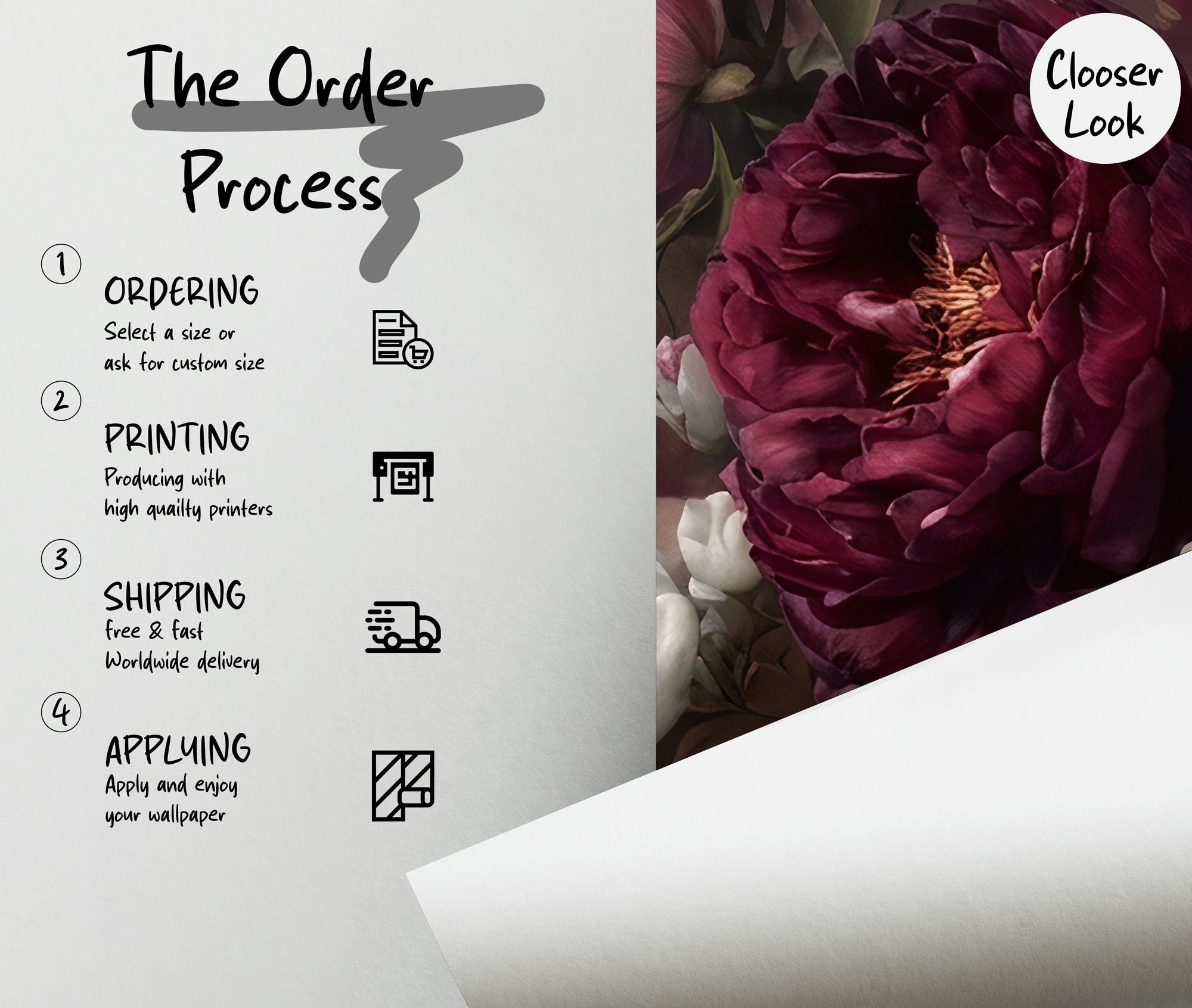 Dark Peony Floral Wallpaper: Peel and Stick Wall Mural - View 5