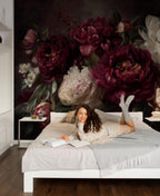 Dark Peony Floral Wallpaper: Peel and Stick Wall Mural - View 2