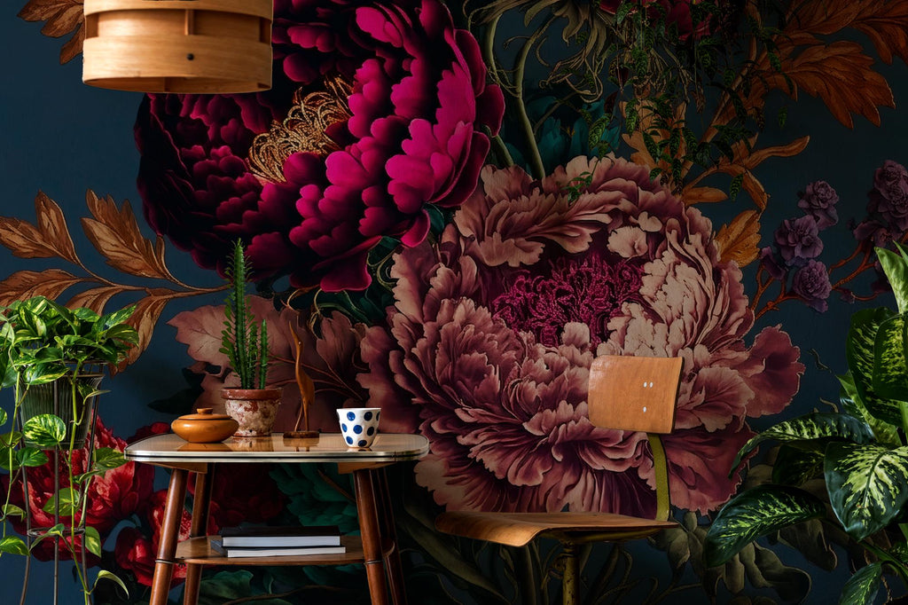 Dark Peony Floral Wallpaper: Bold Boho Wall Mural, Peel & Stick - View 4