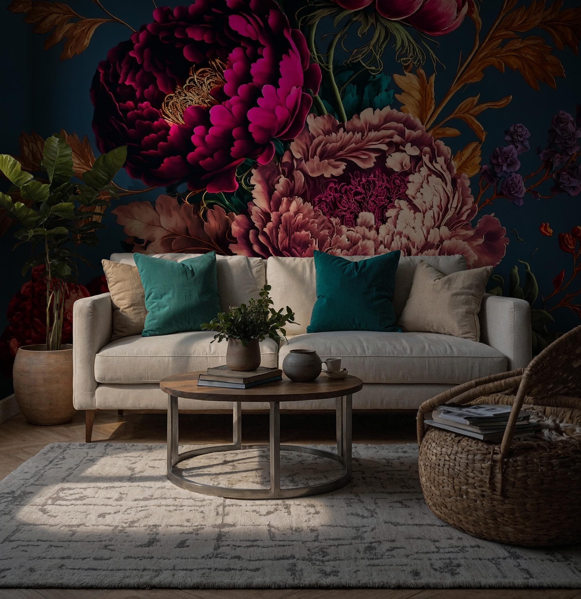 Dark Peony Floral Wallpaper: Bold Boho Wall Mural, Peel & Stick - View 5