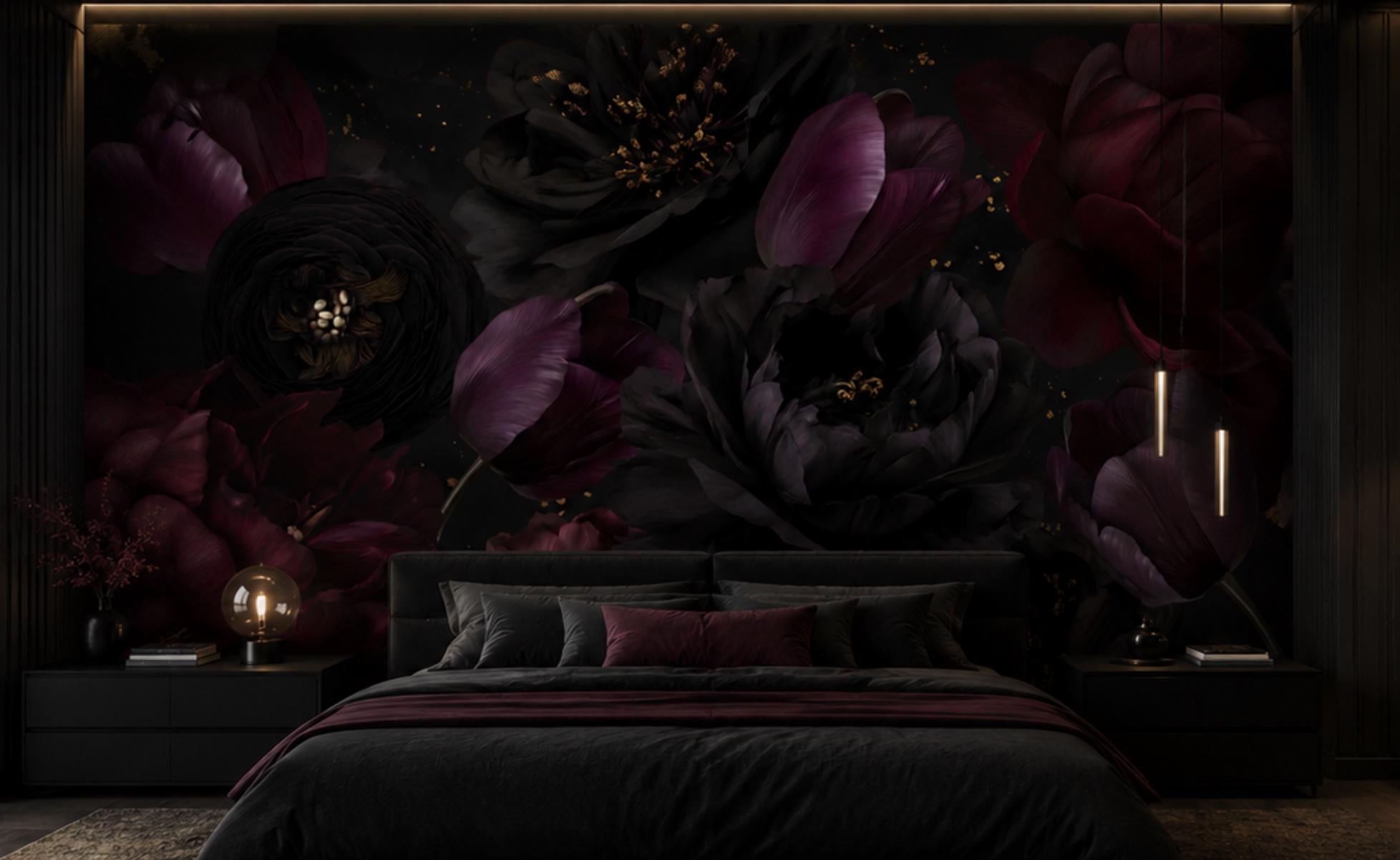 Dark Floral Wallpaper: Black Rose Wall Mural, Peel & Stick - View 4