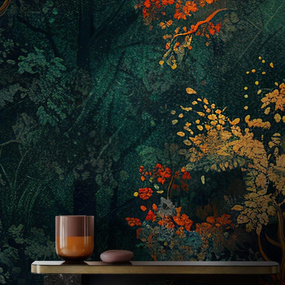 Dark Forest Peel and Stick Wallpaper, Autumn Botanical Wall Mural, Vintage Floral Removable Wallpaper - View 3