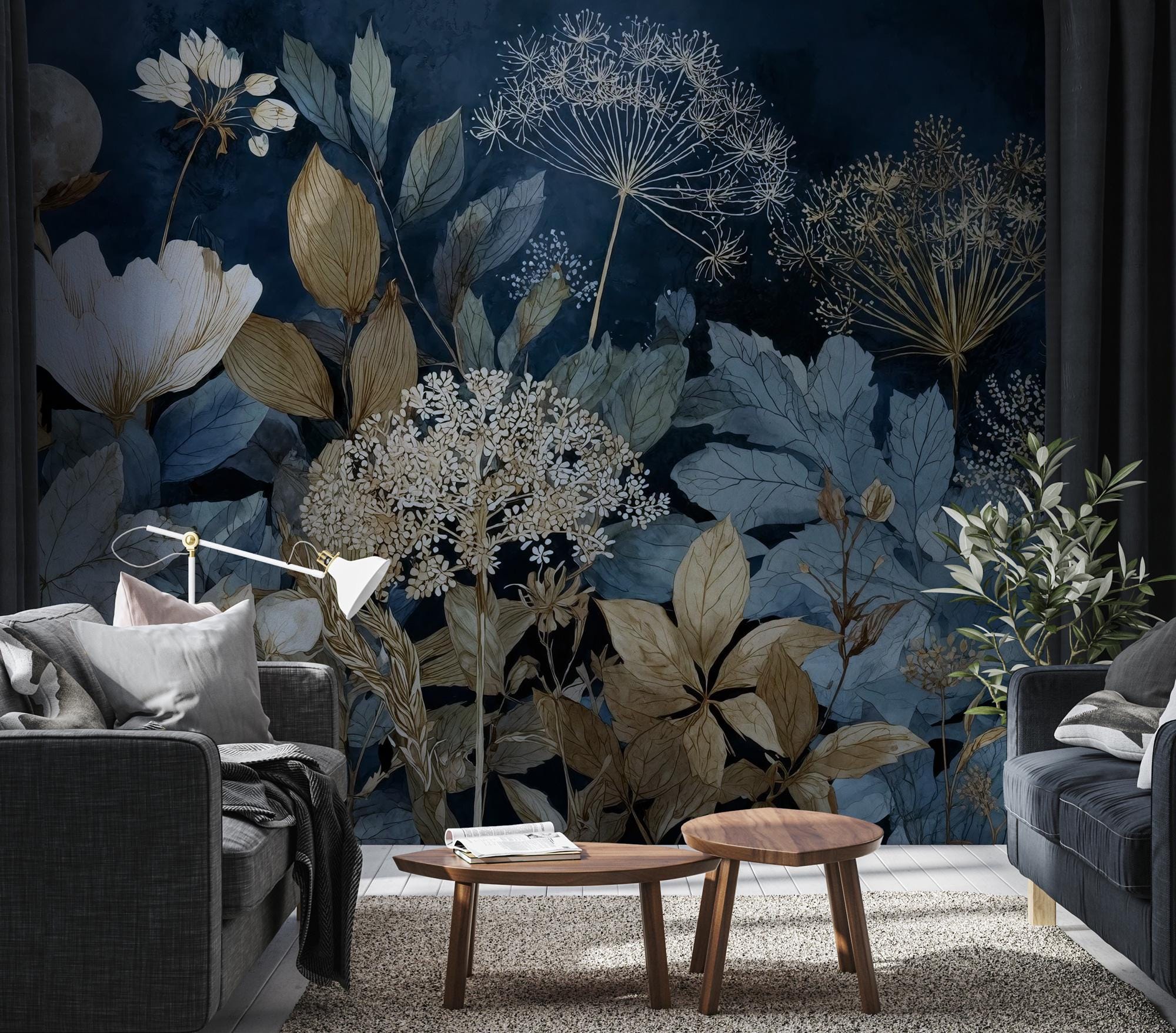 Dark Floral Peel and Stick Wallpaper, Botanical Wall Mural, Vintage Leaves Removable Wallpaper