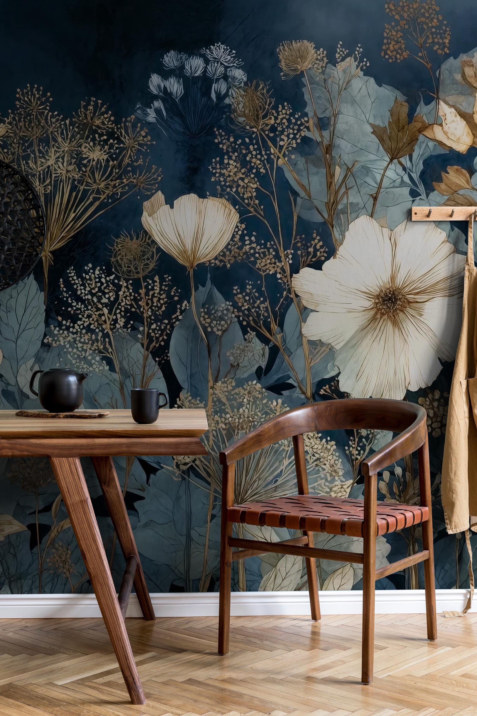 Dark Floral Peel and Stick Wallpaper, Botanical Wall Mural, Vintage Leaves Removable Wallpaper - View 3