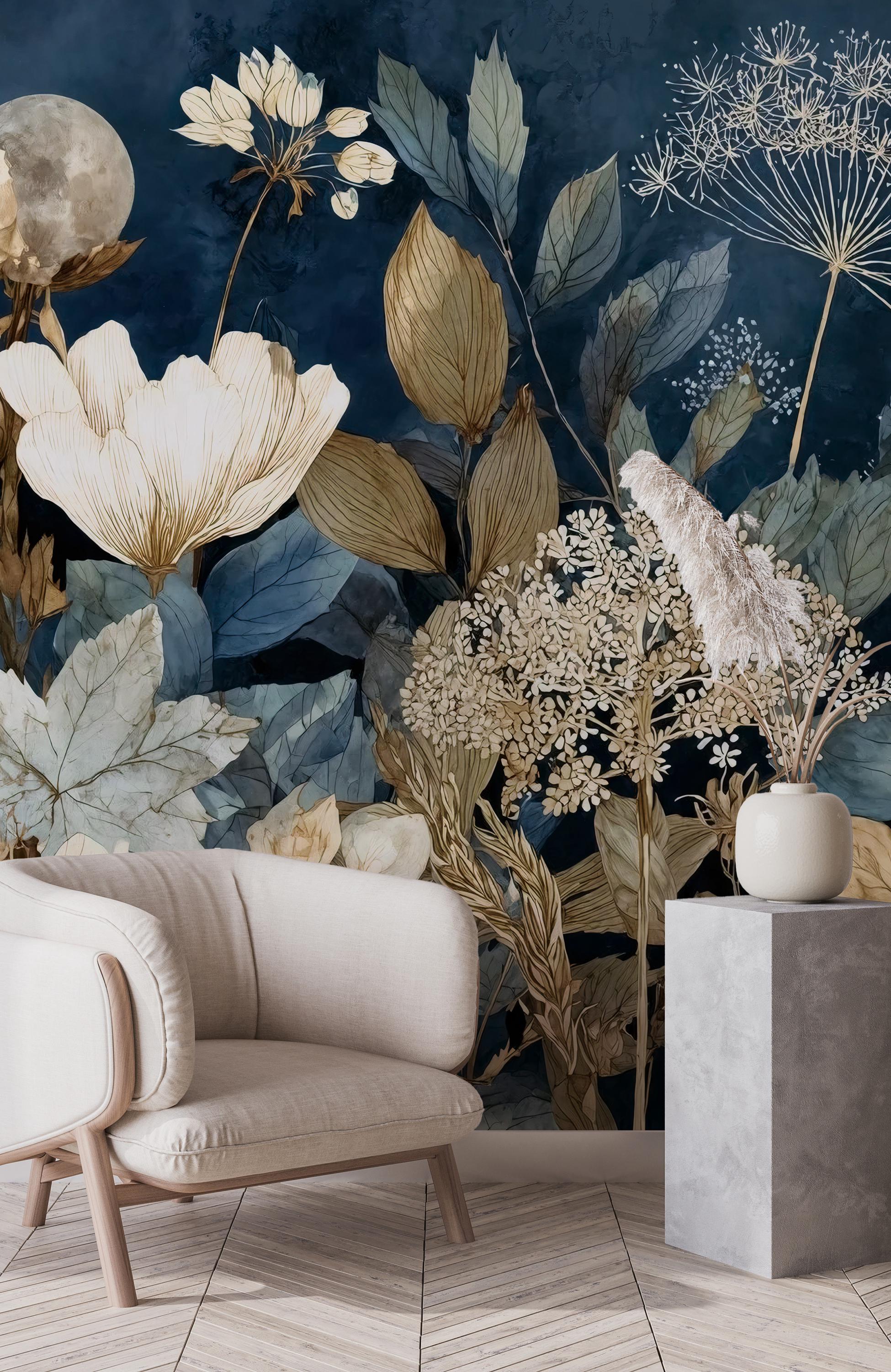 Dark Floral Peel and Stick Wallpaper, Botanical Wall Mural, Vintage Leaves Removable Wallpaper - View 4