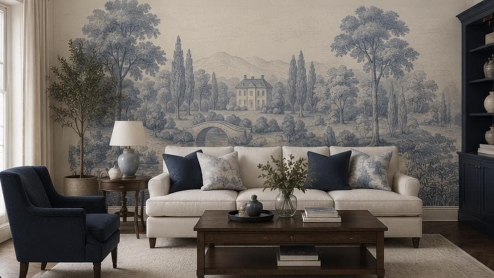 Vintage Toile Peel and Stick Wallpaper, Blue Scenic Wall Mural