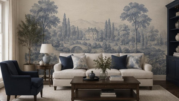 Vintage Toile Peel and Stick Wallpaper, Blue Scenic Wall Mural