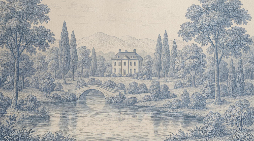 Vintage Toile Peel and Stick Wallpaper, Blue Scenic Wall Mural - View 2