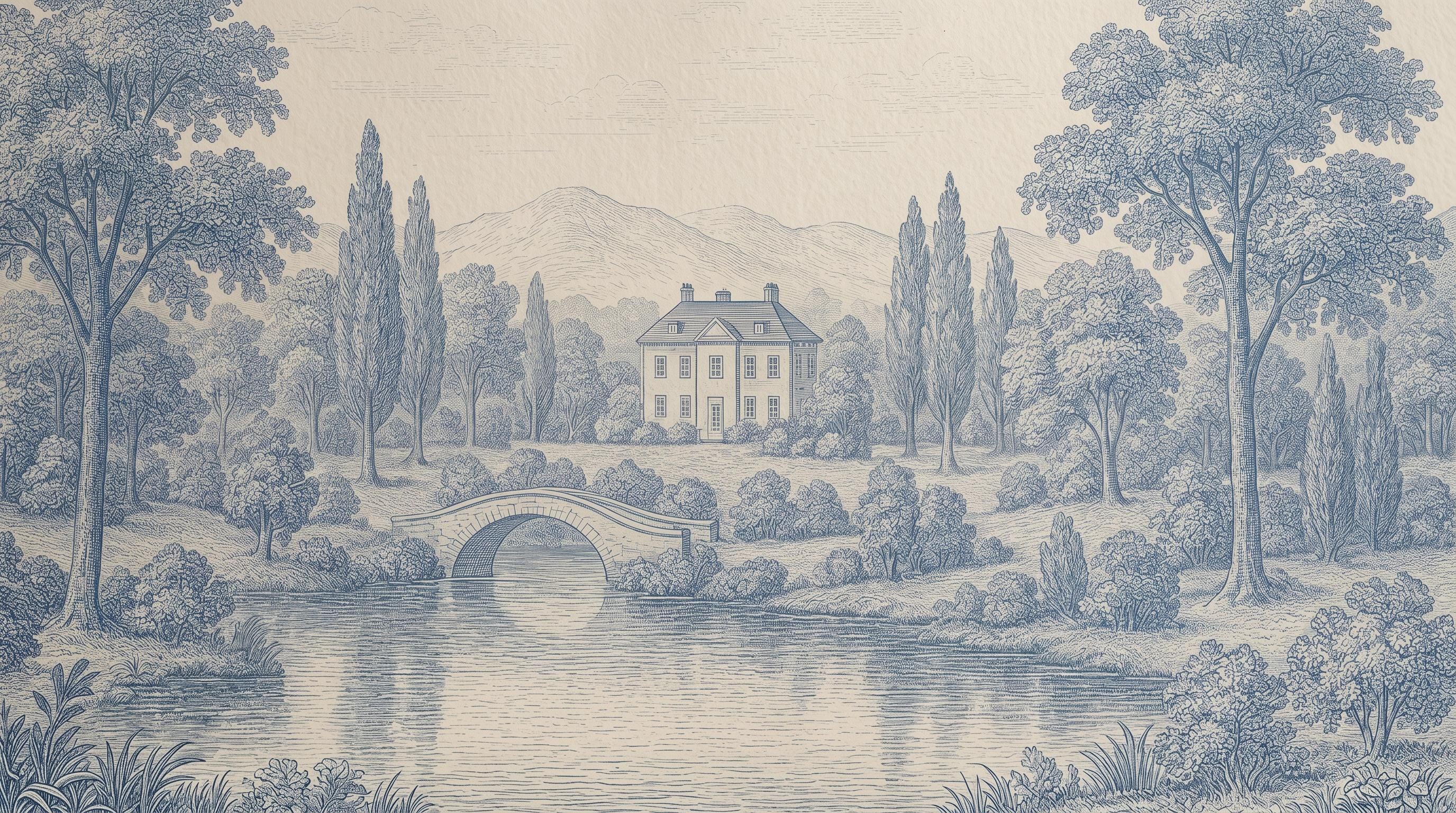 Vintage Toile Peel and Stick Wallpaper, Blue Scenic Wall Mural - View 2