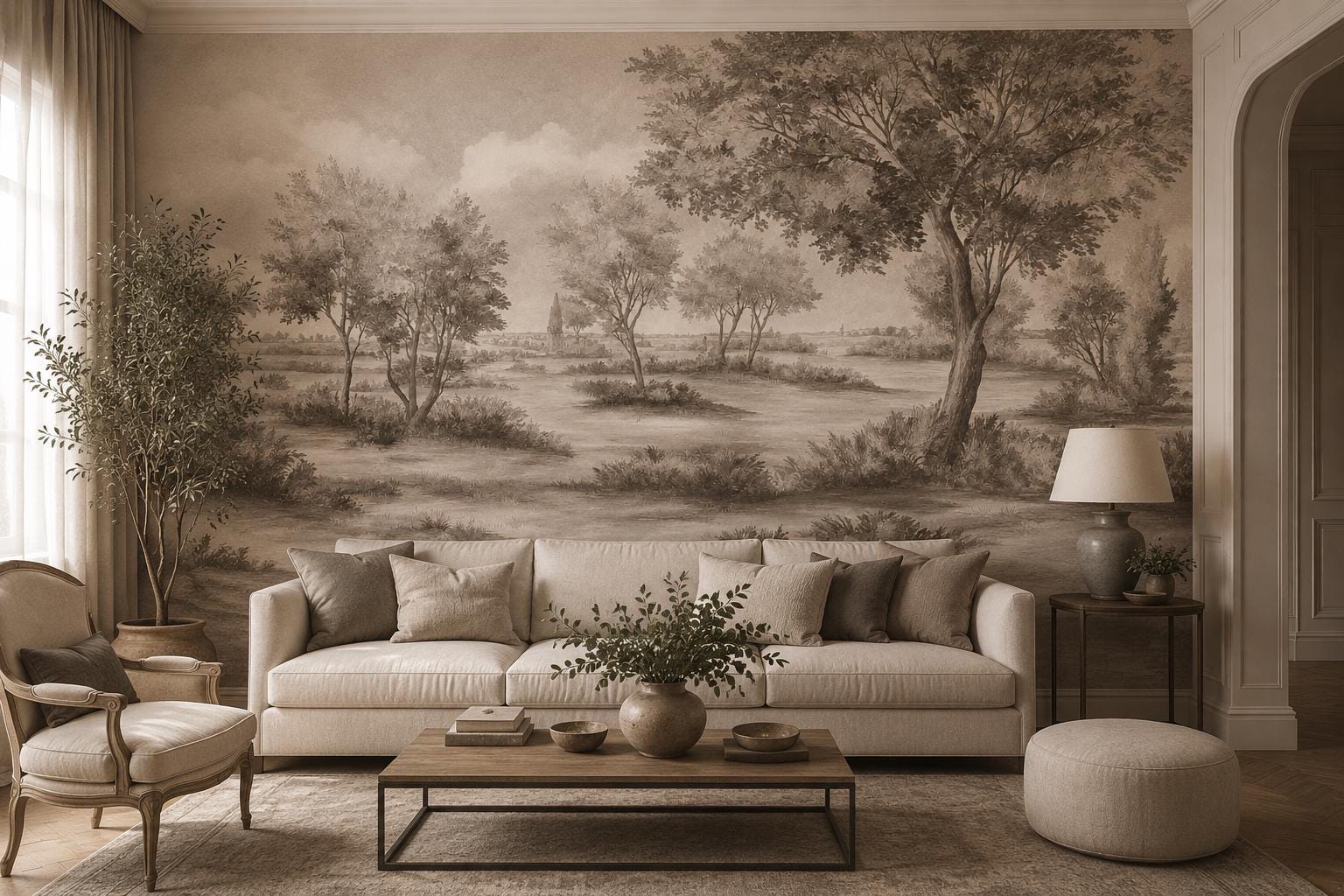 Vintage Tree Landscape Wallpaper, Countryside Peel and Stick Wallpaper