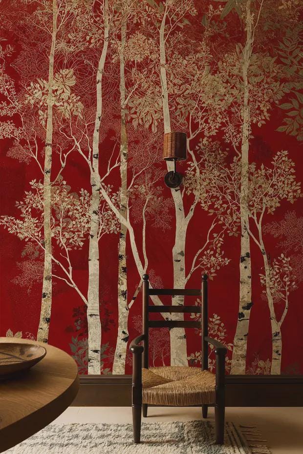 Red Forest Peel and Stick Wallpaper, Birch Tree Wall Mural, Removable Wallpaper - View 6