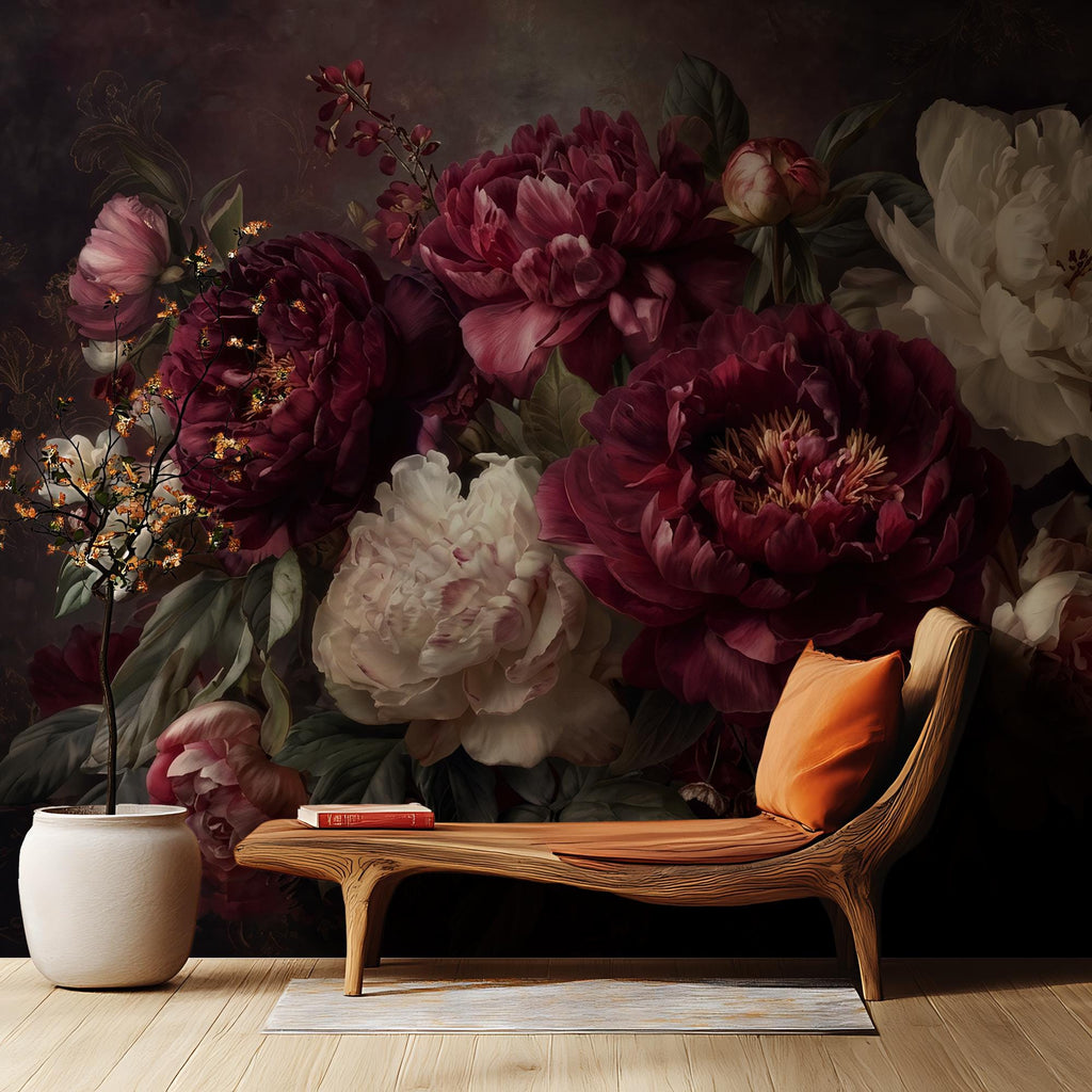 Dark Peony Floral Wallpaper: Peel and Stick Wall Mural
