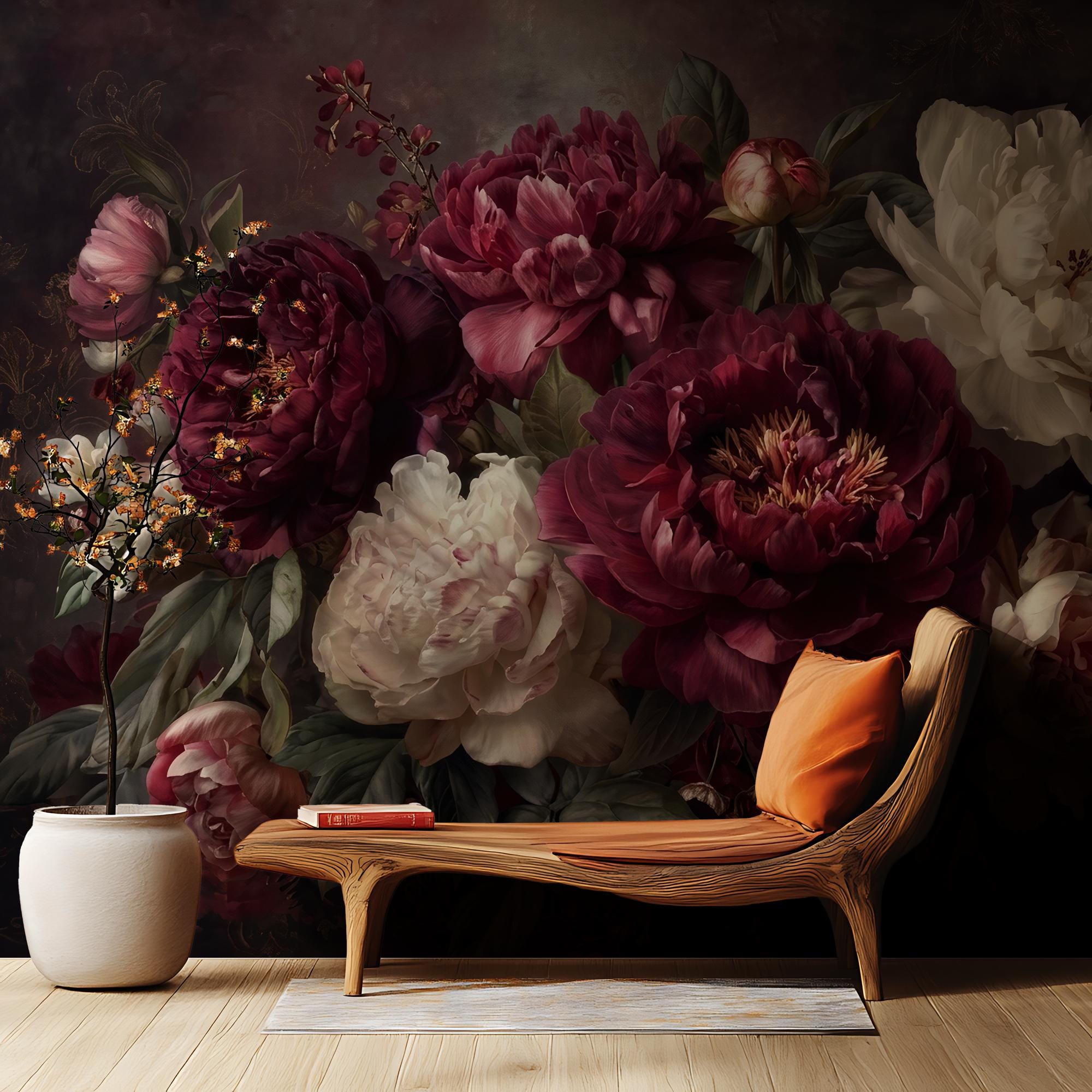 Dark Peony Floral Wallpaper: Peel and Stick Wall Mural