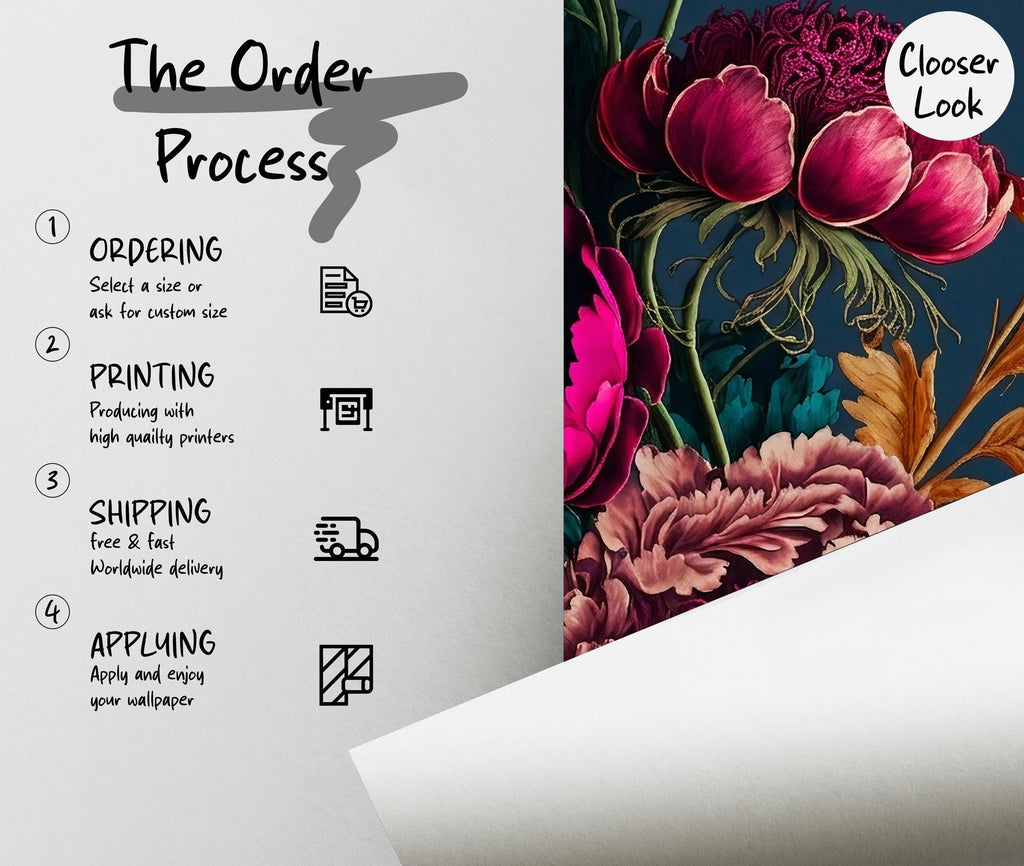 Dark Peony Floral Wallpaper: Bold Boho Wall Mural, Peel & Stick - View 3