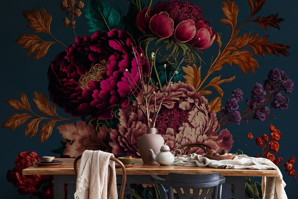 Dark Peony Floral Wallpaper: Bold Boho Wall Mural, Peel & Stick