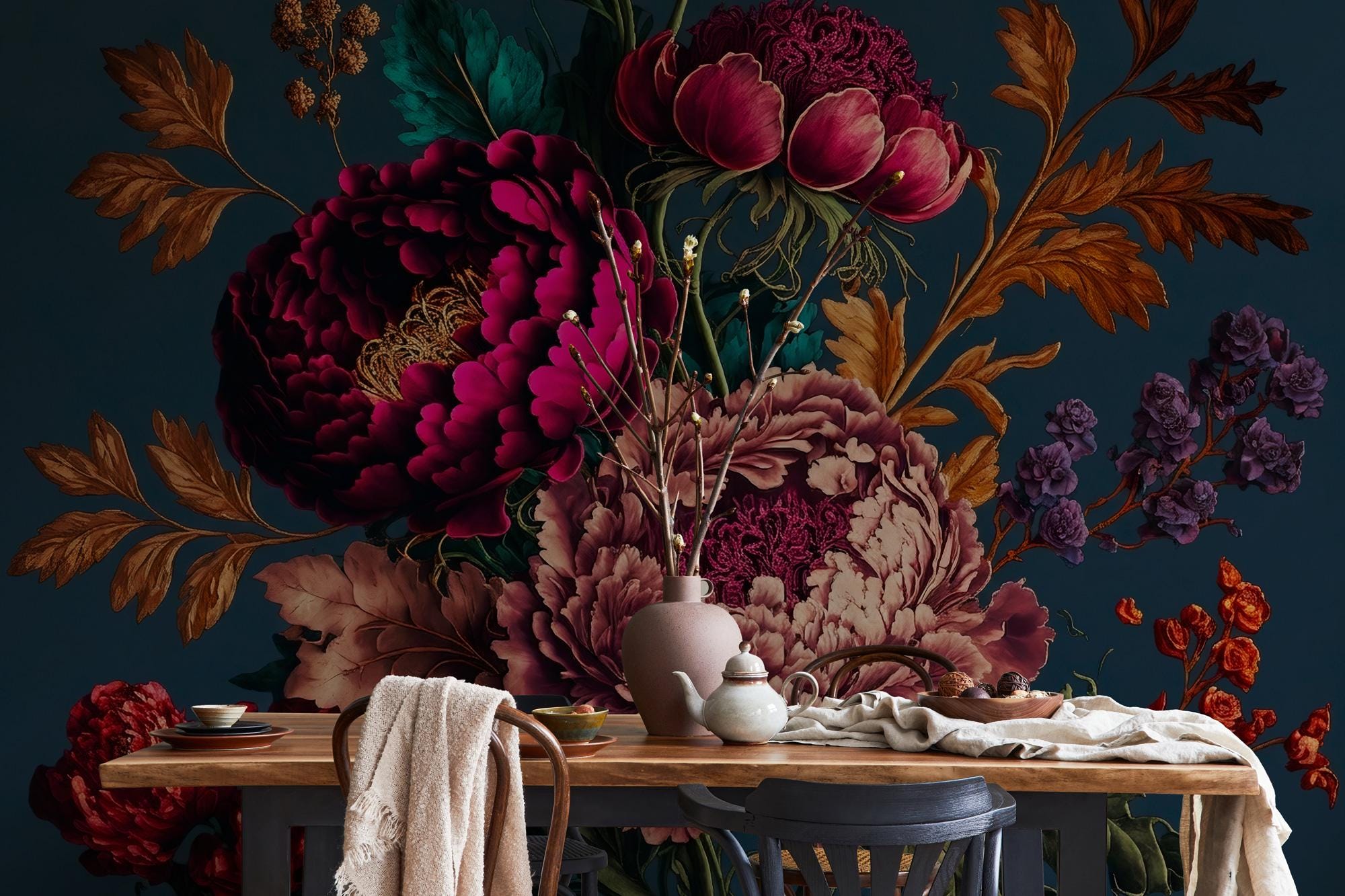Dark Peony Floral Wallpaper: Bold Boho Wall Mural, Peel & Stick