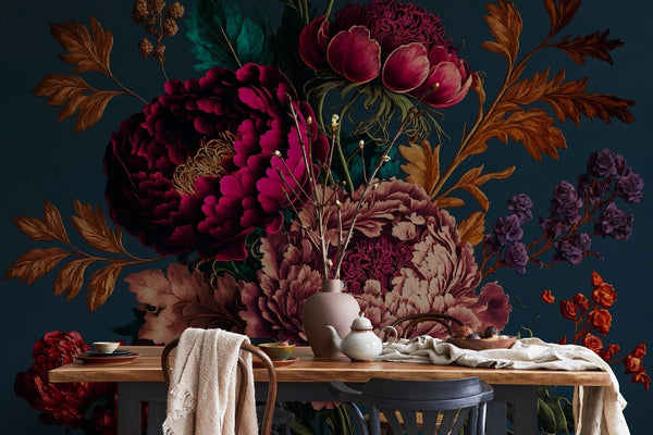 Dark Peony Floral Wallpaper: Bold Boho Wall Mural, Peel & Stick