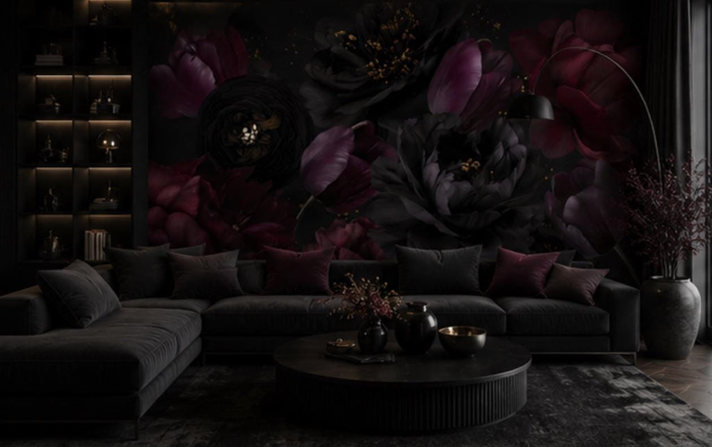Dark Floral Wallpaper: Black Rose Wall Mural, Peel & Stick - View 3