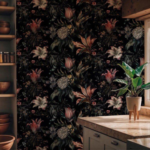 Dark Floral Wallpaper: Elegant Botanical Peel and Stick Wallpaper