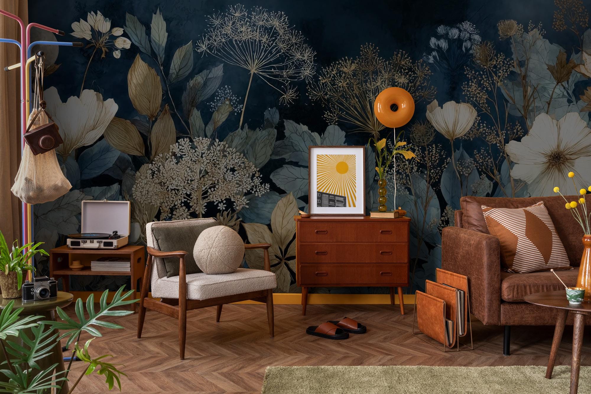 Dark Floral Peel and Stick Wallpaper, Botanical Wall Mural, Vintage Leaves Removable Wallpaper - View 5
