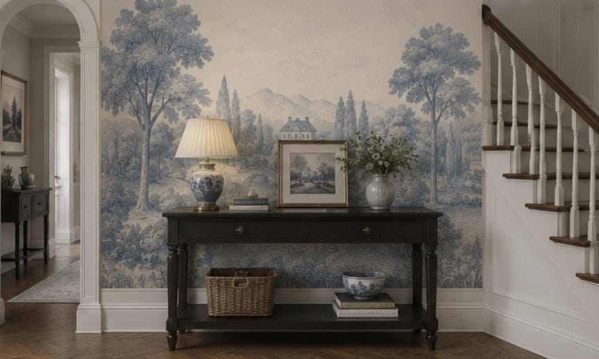 Vintage Toile Peel and Stick Wallpaper, Blue Scenic Wall Mural - View 4