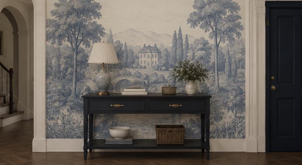 Vintage Toile Peel and Stick Wallpaper, Blue Scenic Wall Mural - View 3