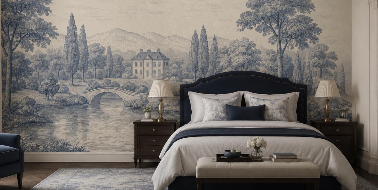 Vintage Toile Peel and Stick Wallpaper, Blue Scenic Wall Mural - View 5