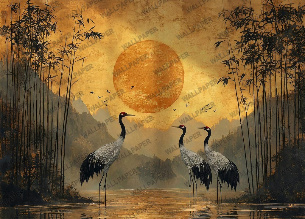 Japanese Crane Peel and Stick Wallpaper - Oriental Sunset Wall Mural - Bamboo Vintage Removable Wallpaper - View 5