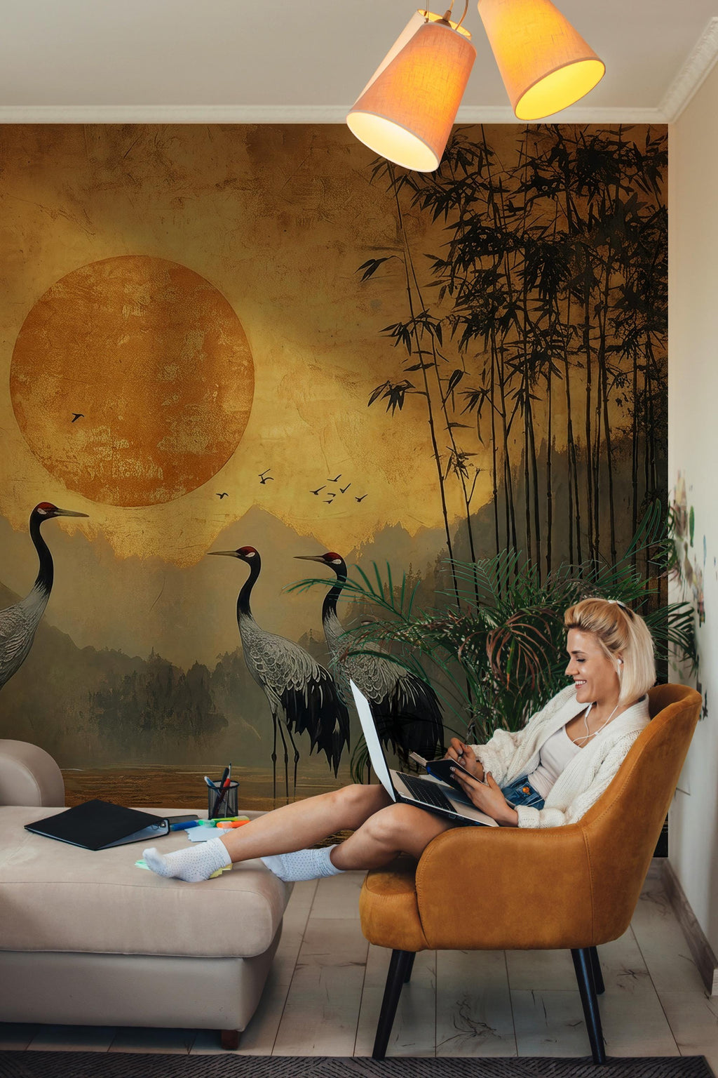Japanese Crane Peel and Stick Wallpaper - Oriental Sunset Wall Mural - Bamboo Vintage Removable Wallpaper - View 4