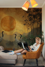 Japanese Crane Peel and Stick Wallpaper - Oriental Sunset Wall Mural - Bamboo Vintage Removable Wallpaper - View 4