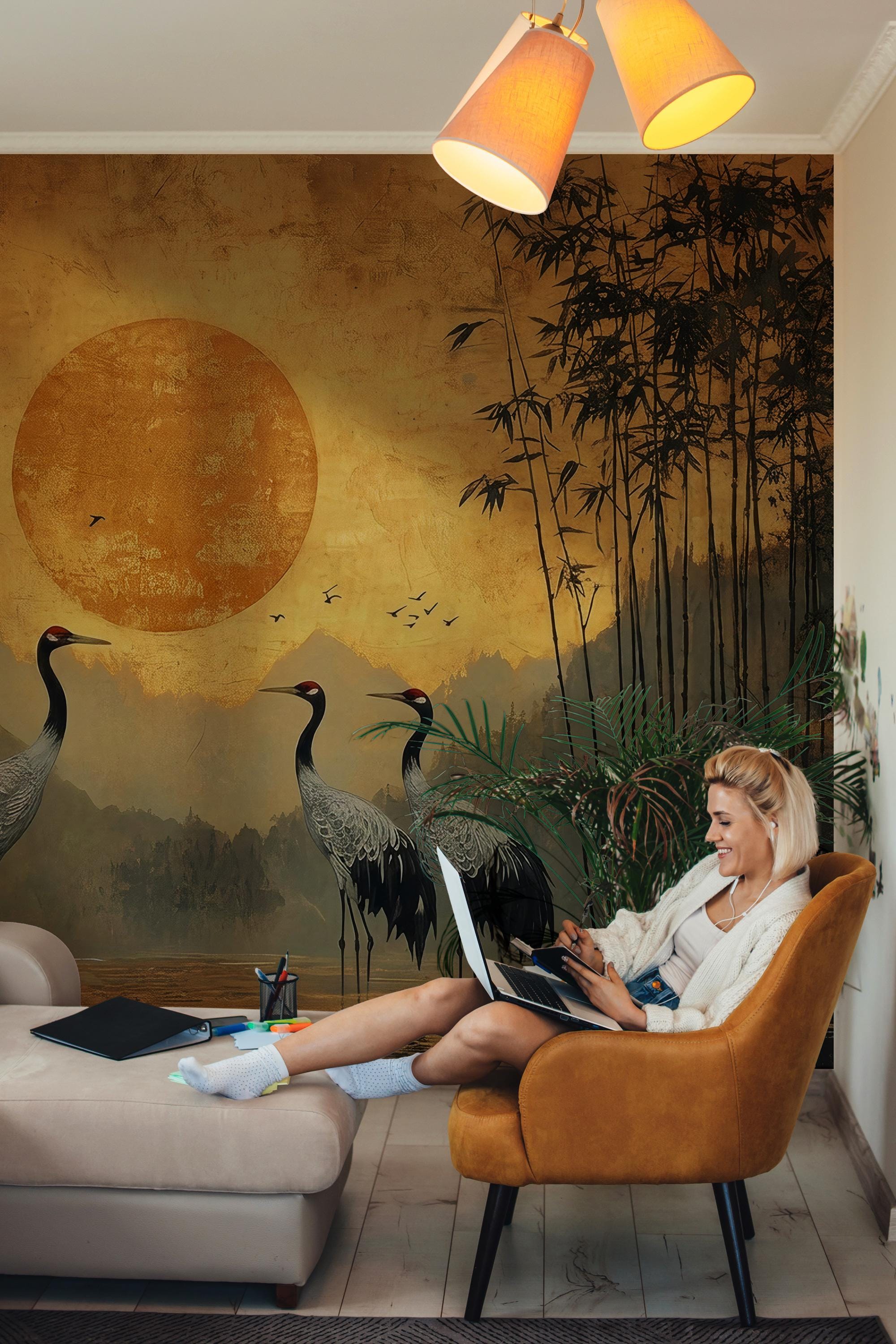 Japanese Crane Peel and Stick Wallpaper - Oriental Sunset Wall Mural - Bamboo Vintage Removable Wallpaper - View 4