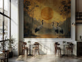 Japanese Crane Peel and Stick Wallpaper - Oriental Sunset Wall Mural - Bamboo Vintage Removable Wallpaper