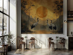 Japanese Crane Peel and Stick Wallpaper - Oriental Sunset Wall Mural - Bamboo Vintage Removable Wallpaper