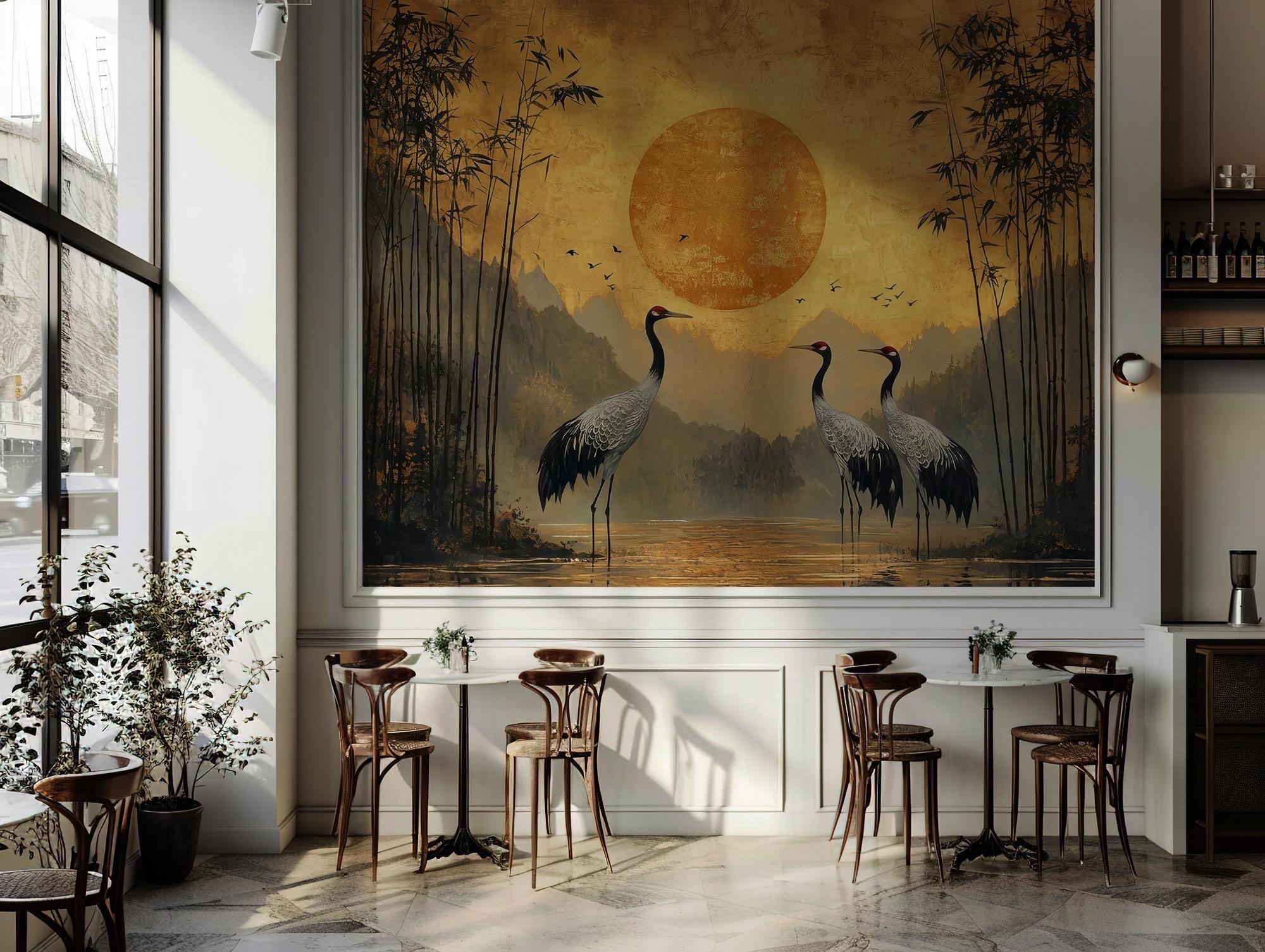 Japanese Crane Peel and Stick Wallpaper - Oriental Sunset Wall Mural - Bamboo Vintage Removable Wallpaper