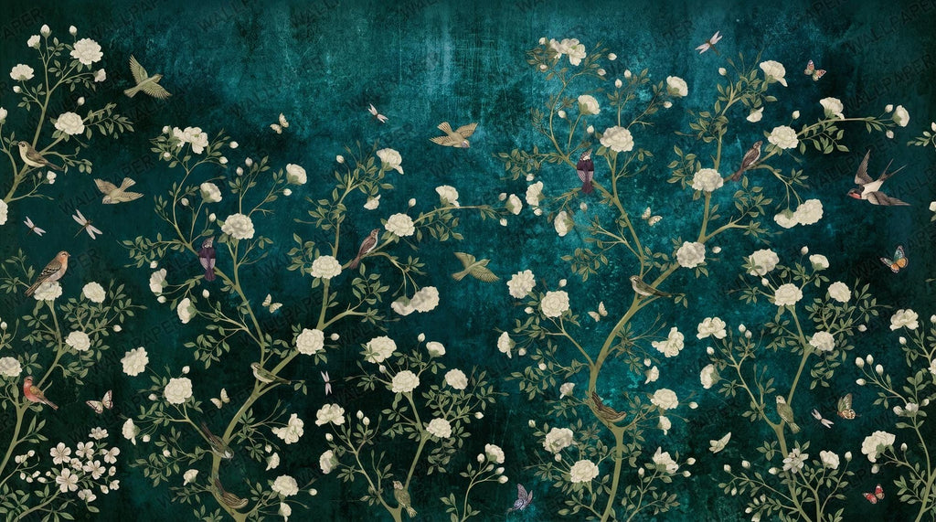 Bird Botanical Wallpaper - Dark Green Garden Wall Mural - Peel and Stick Wall - View 2