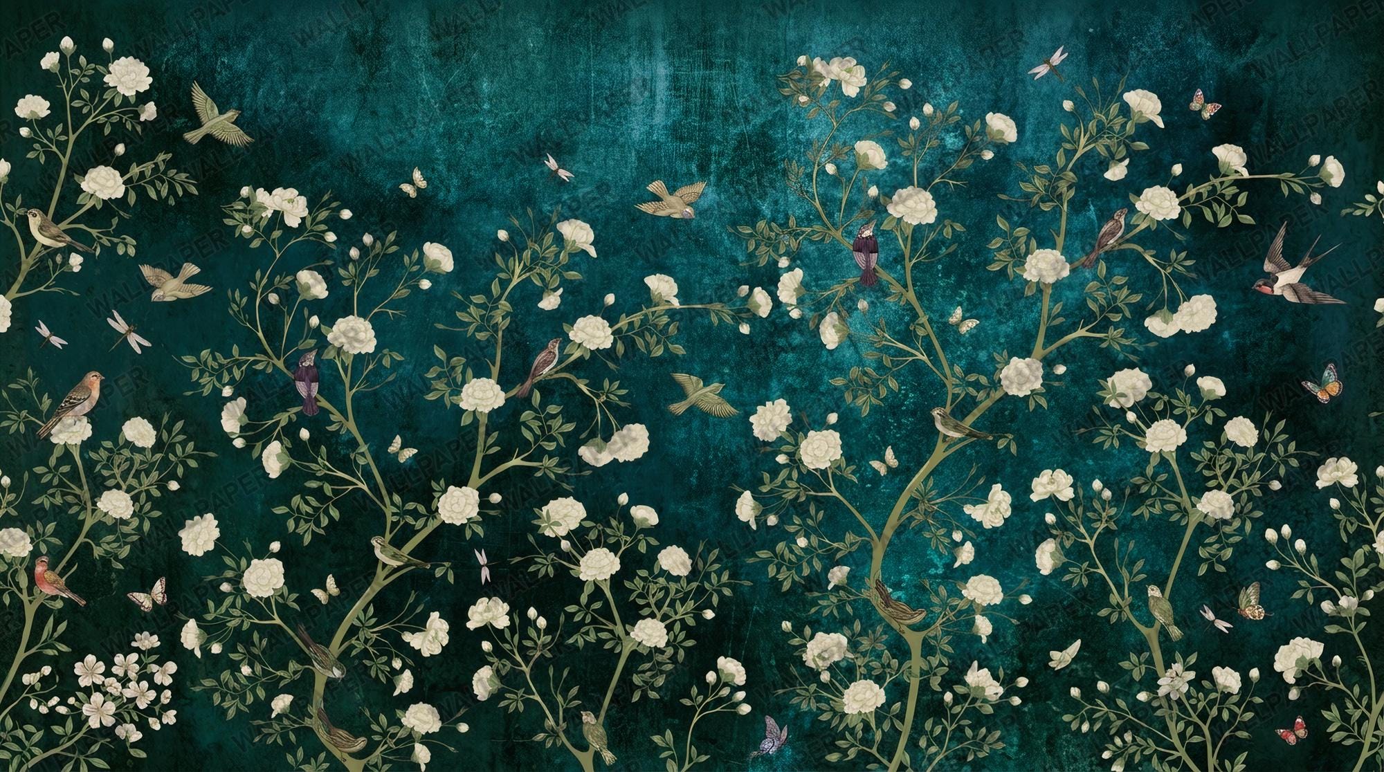 Bird Botanical Wallpaper - Dark Green Garden Wall Mural - Peel and Stick Wall - View 2