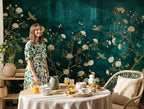 Bird Botanical Wallpaper - Dark Green Garden Wall Mural - Peel and Stick Wall