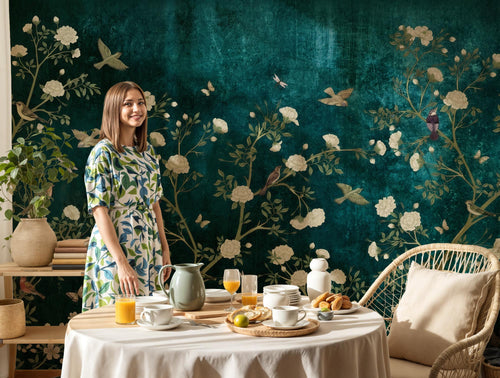 Bird Botanical Wallpaper - Dark Green Garden Wall Mural - Peel and Stick Wall