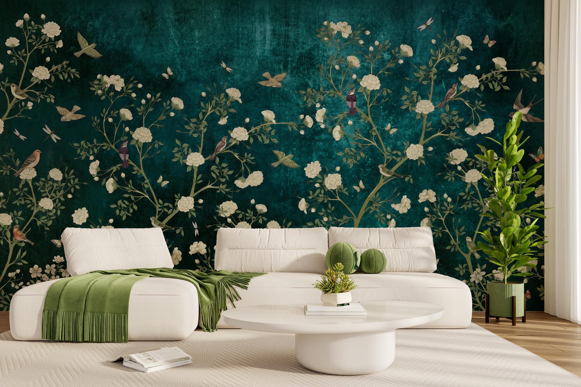 Bird Botanical Wallpaper - Dark Green Garden Wall Mural - Peel and Stick Wall - View 4