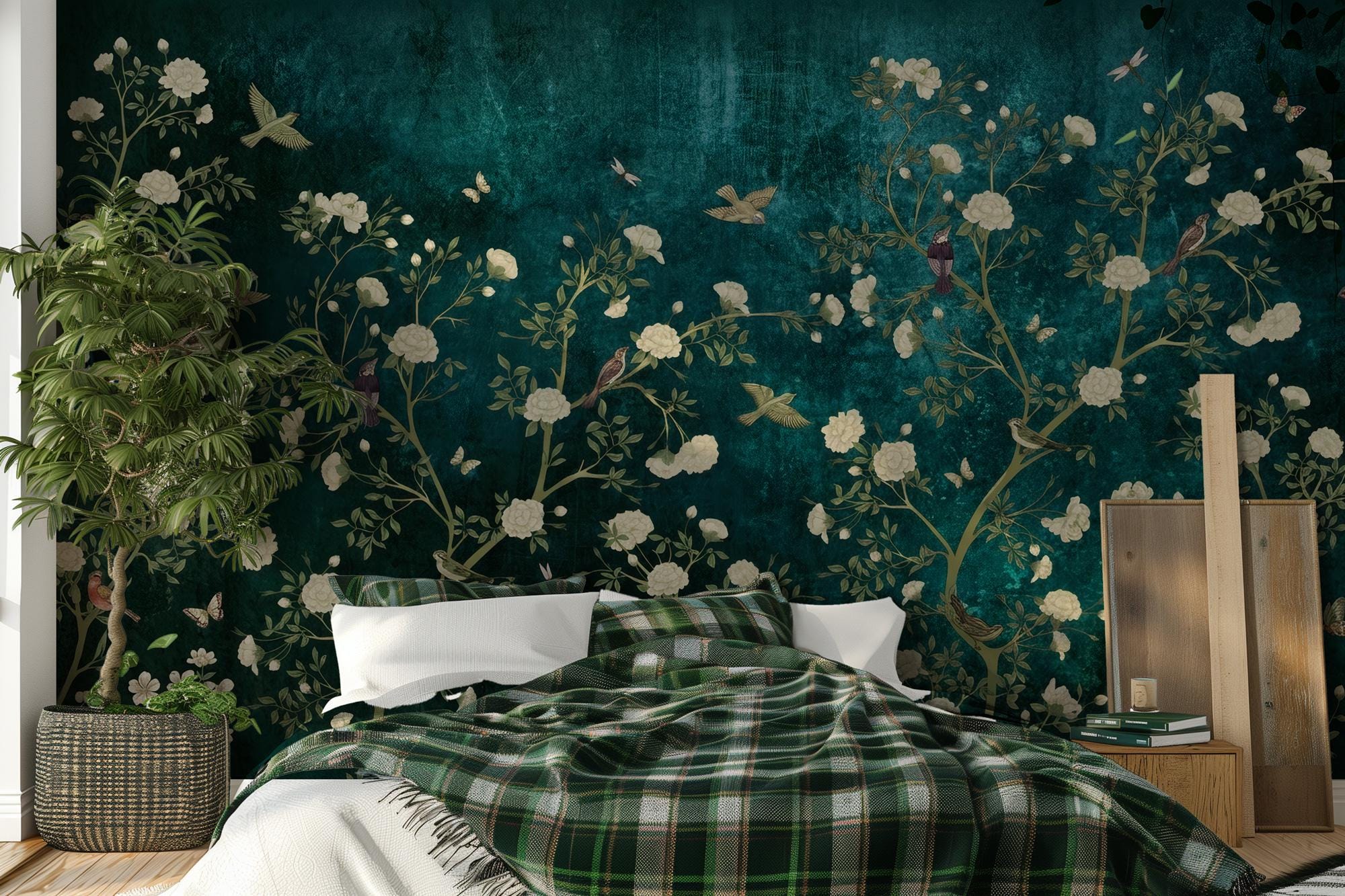 Bird Botanical Wallpaper - Dark Green Garden Wall Mural - Peel and Stick Wall - View 5