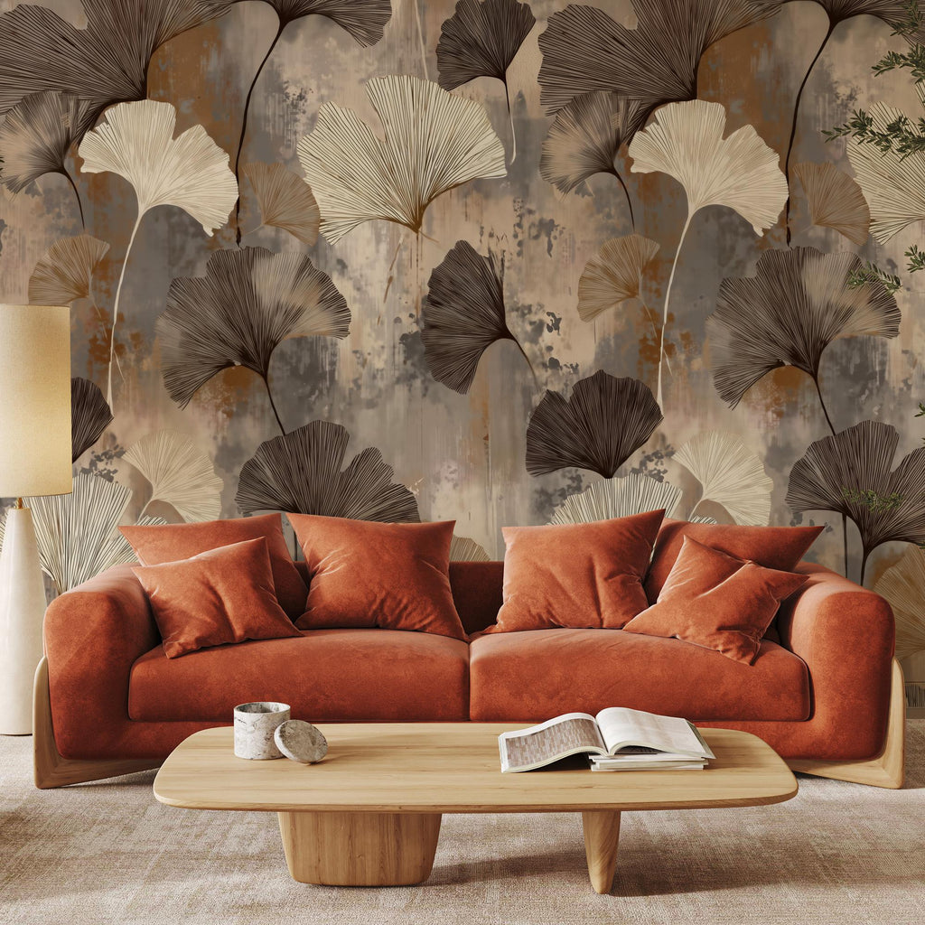 Ginkgo-Themed Wallpaper - Modern Abstract Botanical Wall Art - Custom Size - Removable Wallpaper with Leaf Pattern - View 4