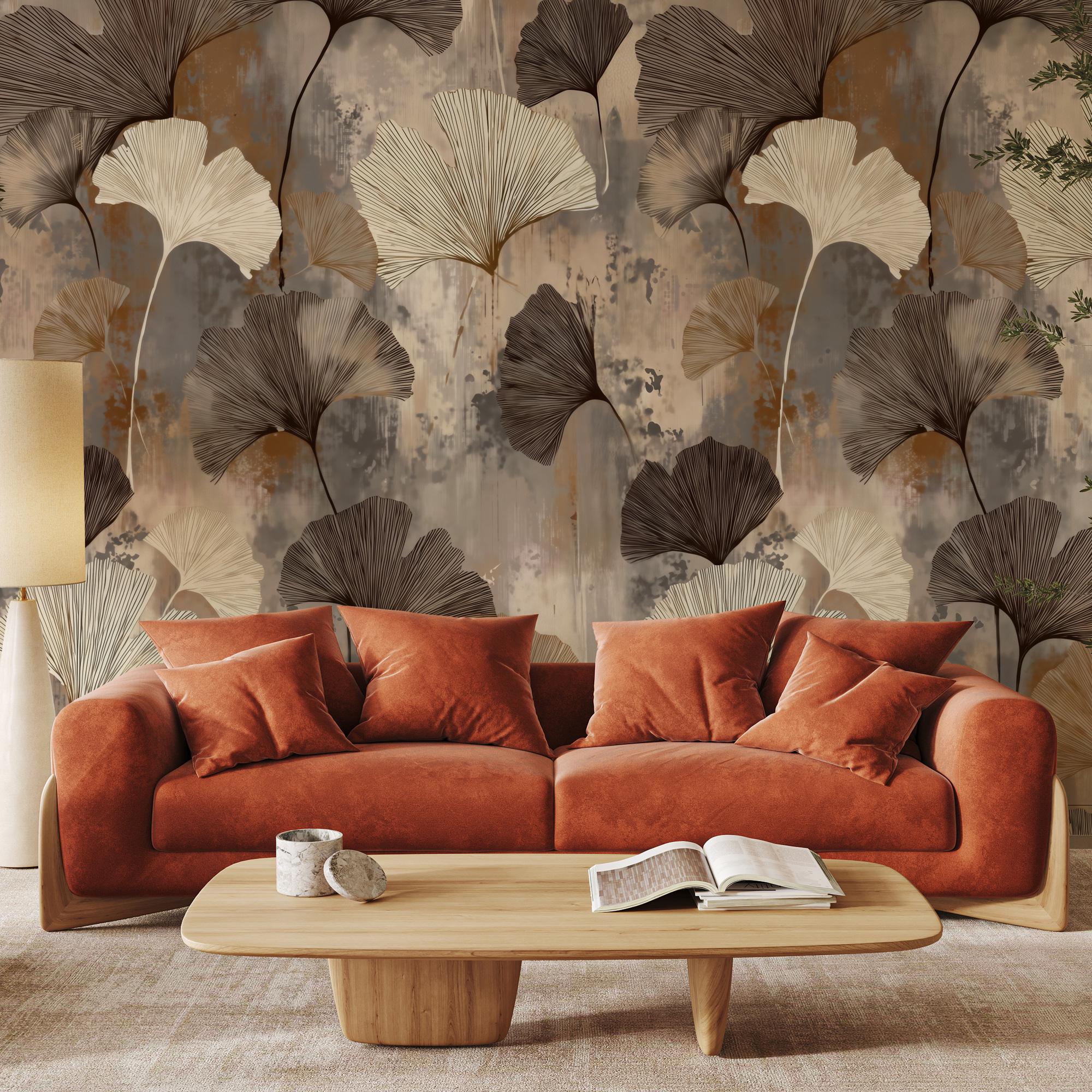 Ginkgo-Themed Wallpaper - Modern Abstract Botanical Wall Art - Custom Size - Removable Wallpaper with Leaf Pattern - View 4