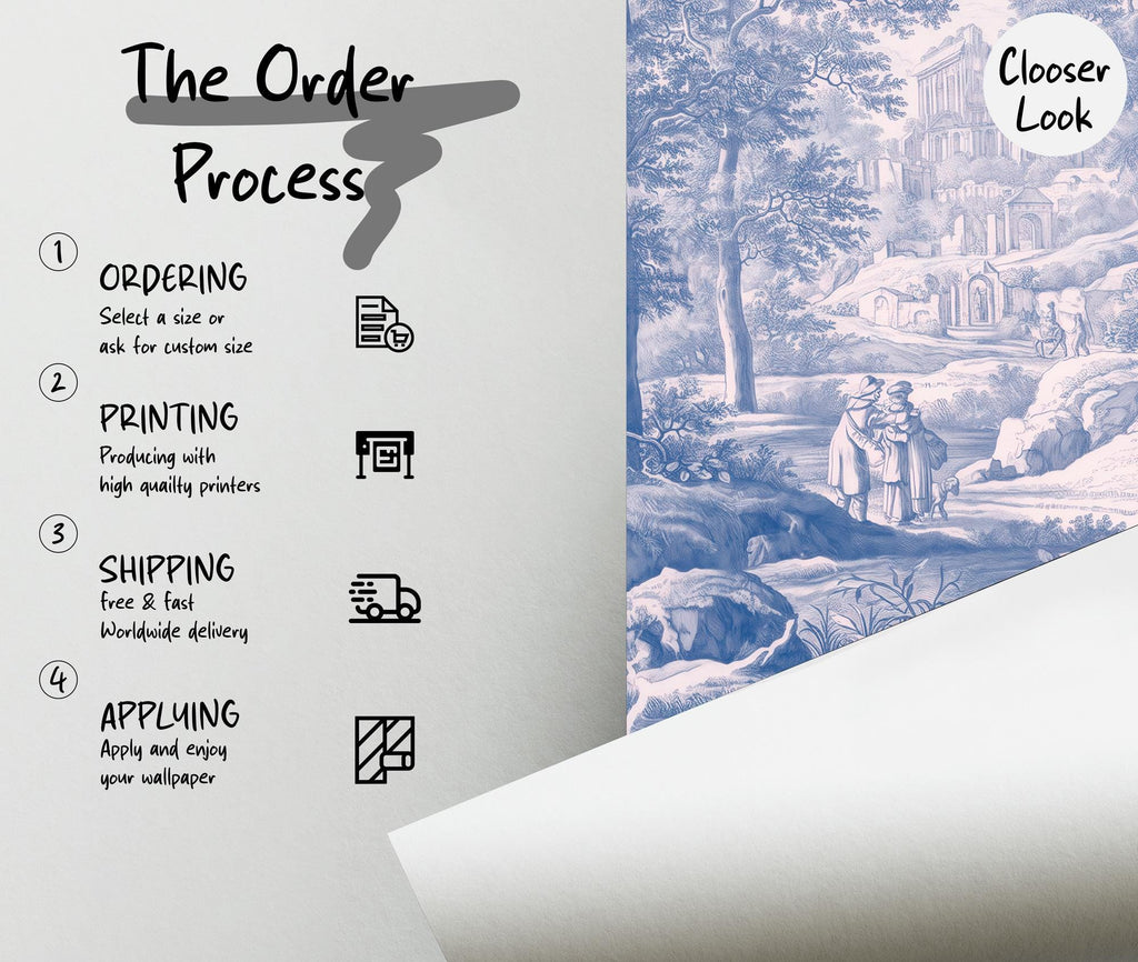 Blue Landscape Wallpaper-Vintage French Landscape Wall Mural-Custom Size Wallpaper - View 7