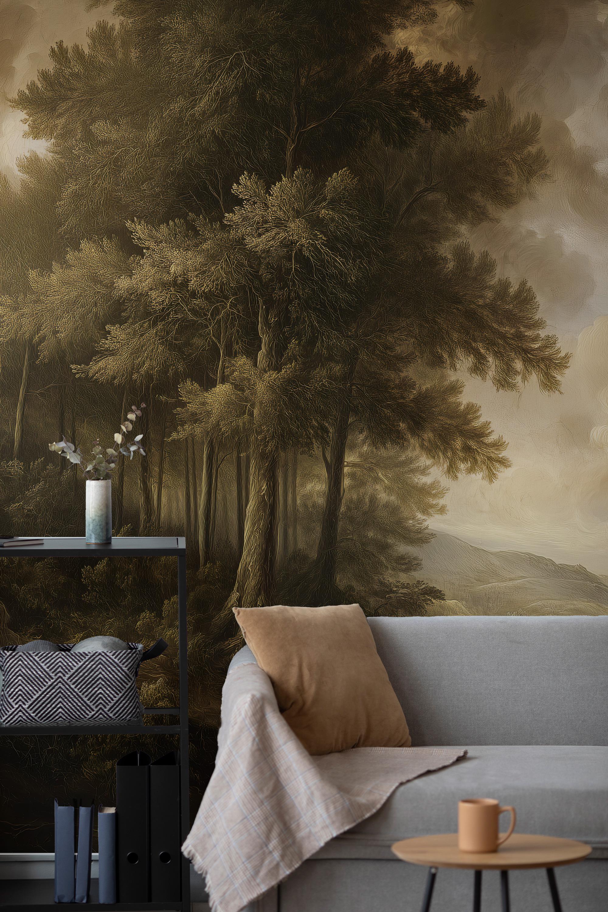 Vintage Forest Peel and Stick Wallpaper, Scenic Nature Wall Mural, Woodland Removable Wallpaper