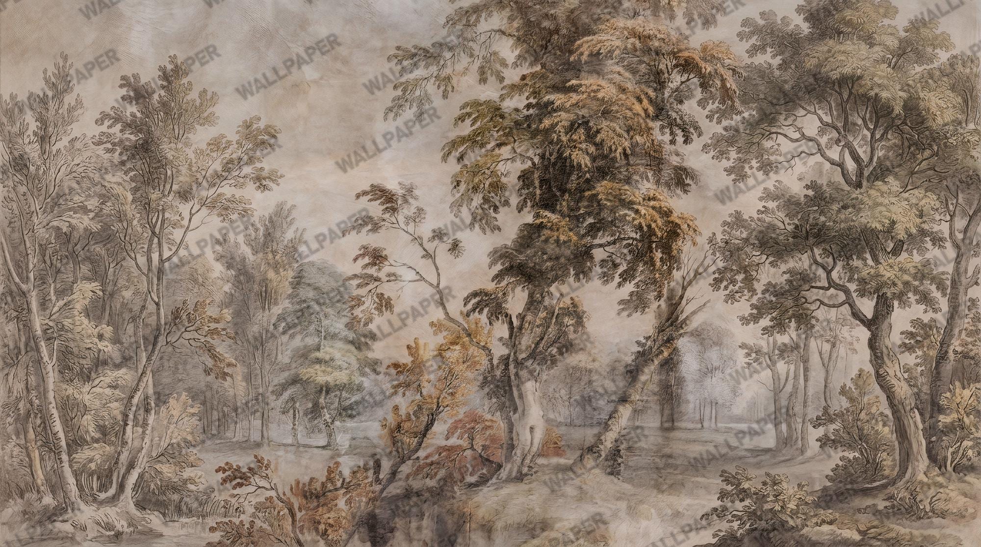 Sepia Forest Wallpaper -Vintage Nature Wall Mural - Classic Interior Decor - Custom Size Wallpaper - View 2